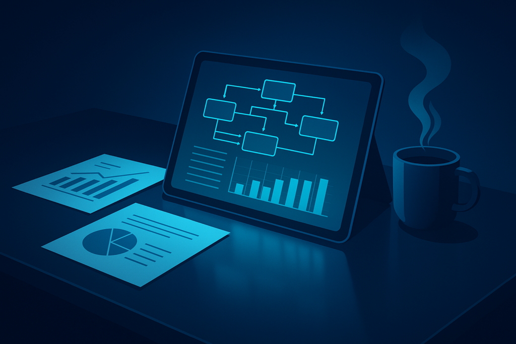 Minimalist workspace with digital tablet displaying flowcharts, graphs, coffee, in neon-lit dark blue setting.
