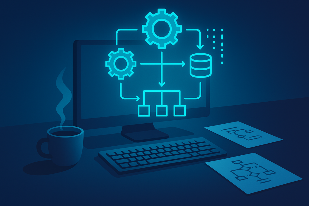 Minimalist workspace with holographic flowchart, keyboard, coffee, and notes in neon glow.