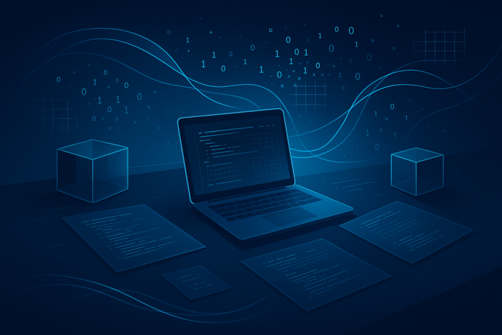 Modern dark tech workspace with glowing data streams, holographic code, and digital grids.