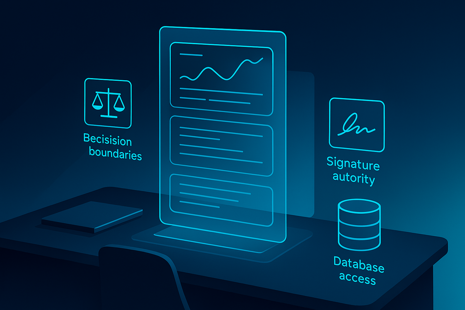 Modern dark workspace with holographic data panels, icons for permissions and authority, illuminated by neon blue and cyan.