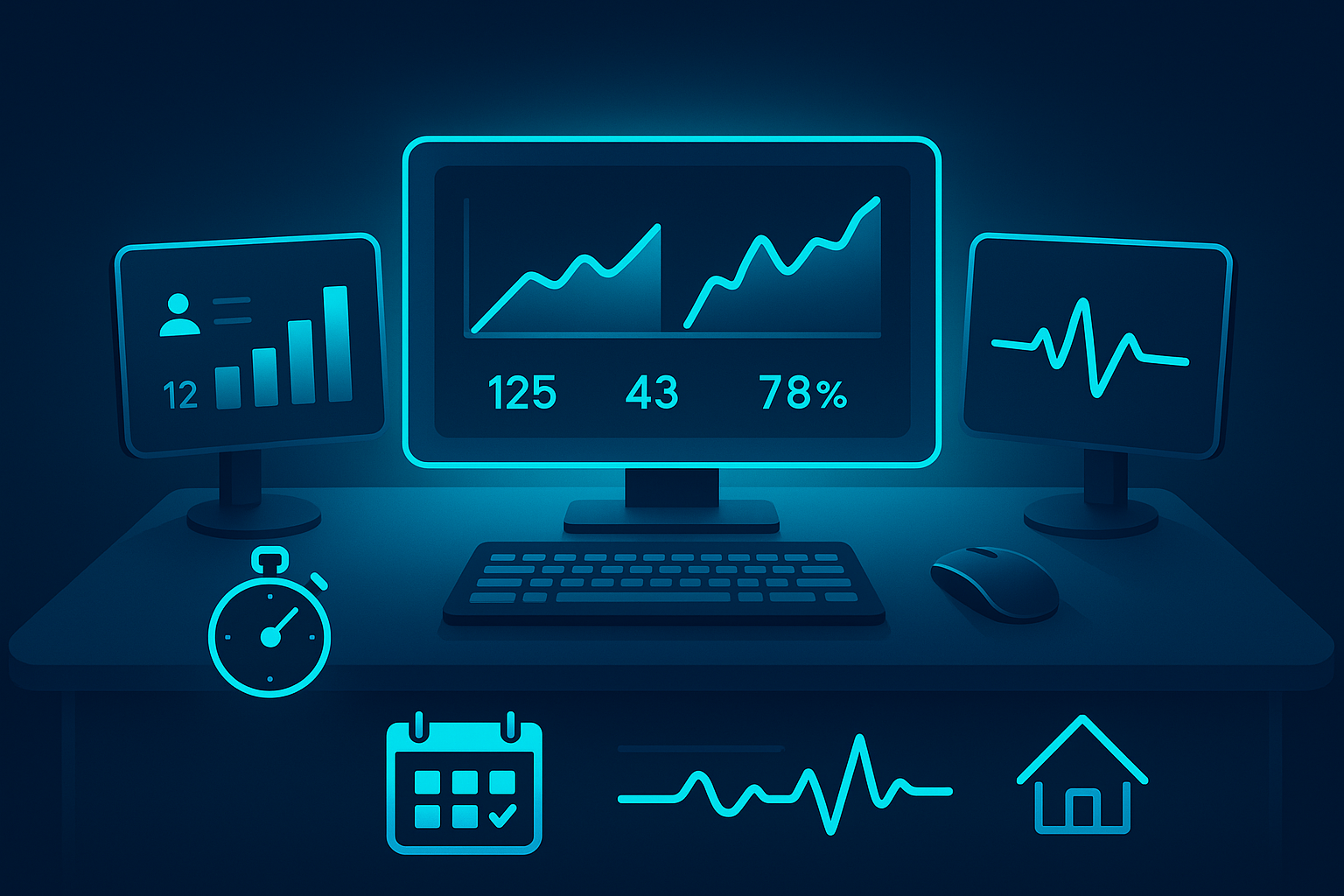 Modern digital dashboard with neon cyan graphs, metrics icons, and operational tools on dark blue background.