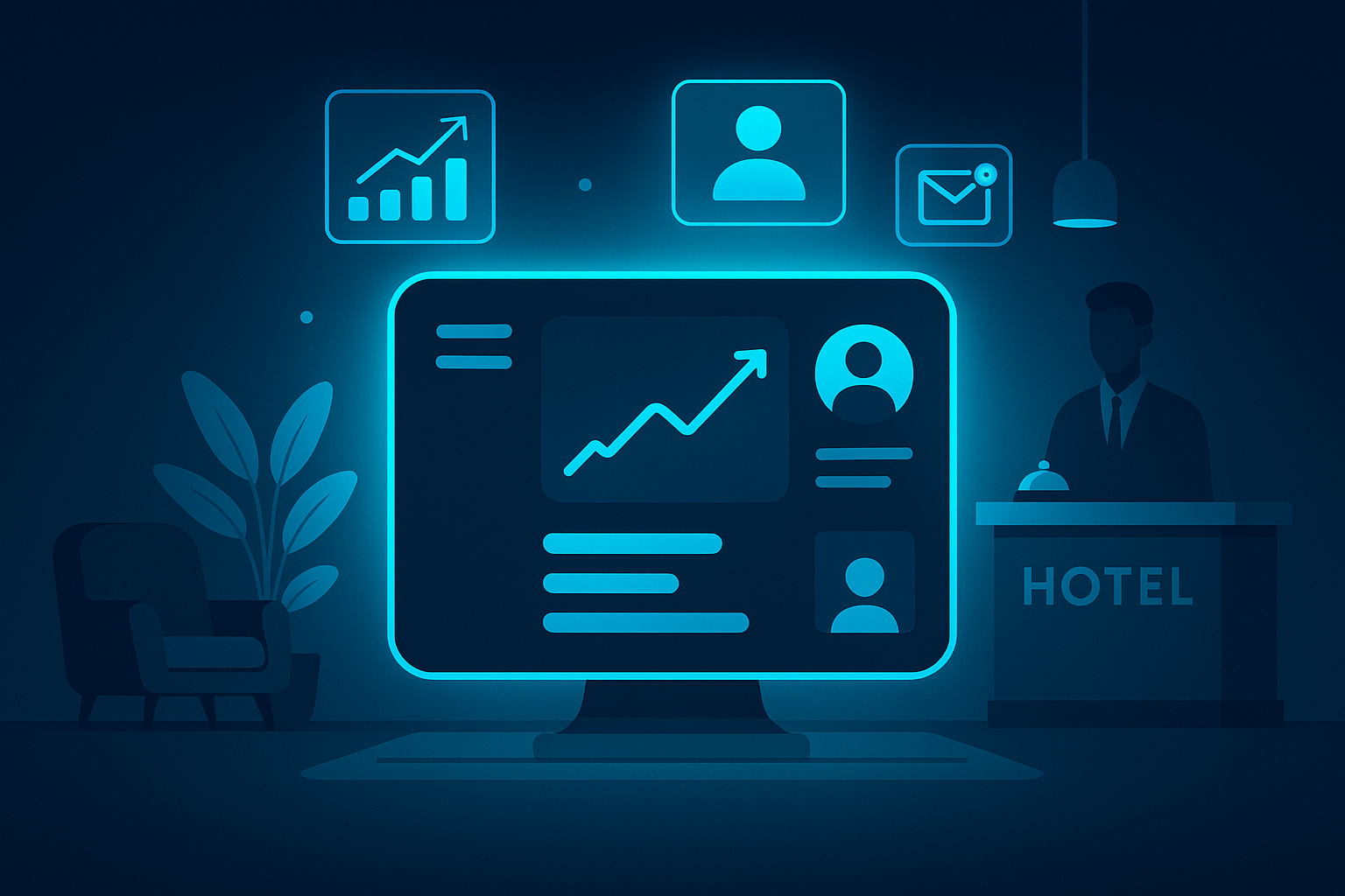 Modern digital hotel lobby dashboard with floating data, trends, and guest profiles in neon glow.