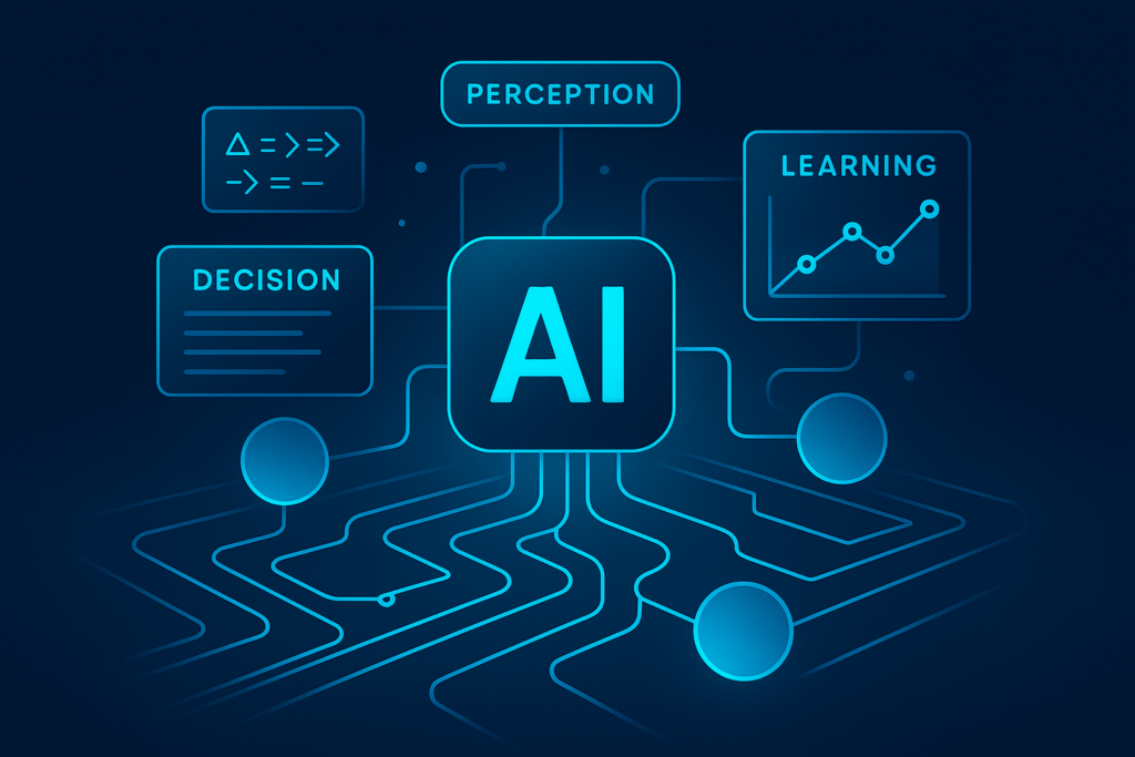 Modern digital interface with glowing circuits, data nodes, and algorithm snippets in cool neon blue.