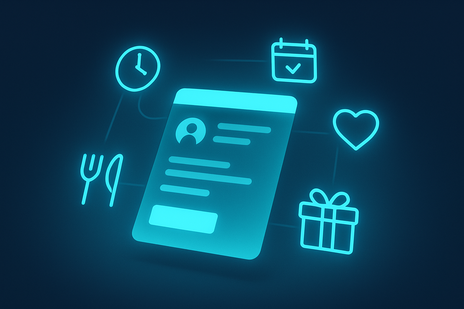 Modern digital interface with icons for time, date, preferences, dining, and gifts in a glowing blue and cyan tech scene.