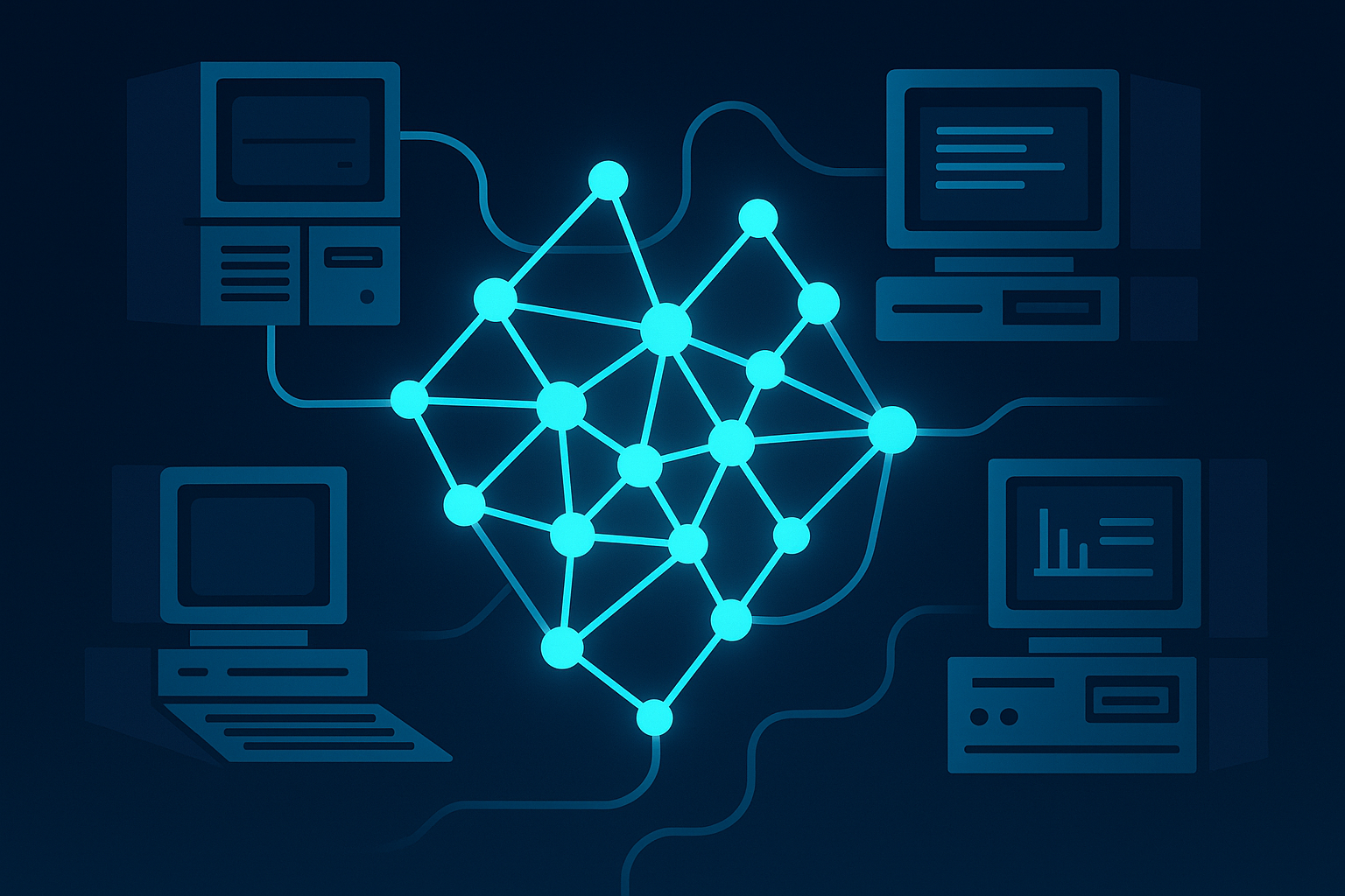 Modern digital network with glowing data nodes, vintage interfaces, and integration gaps.