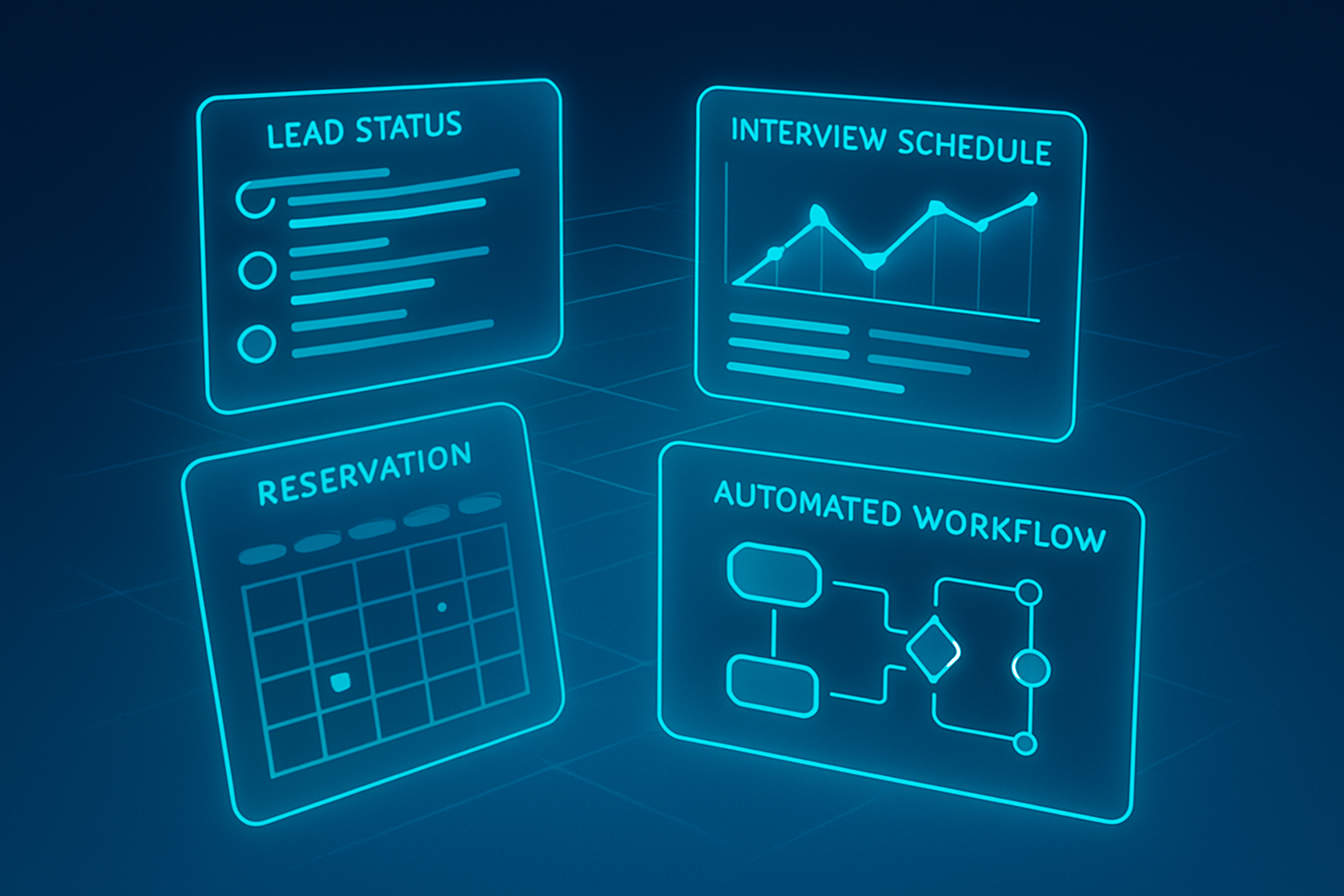 Modern digital panels with data streams and graphs against a dark blue gradient background.