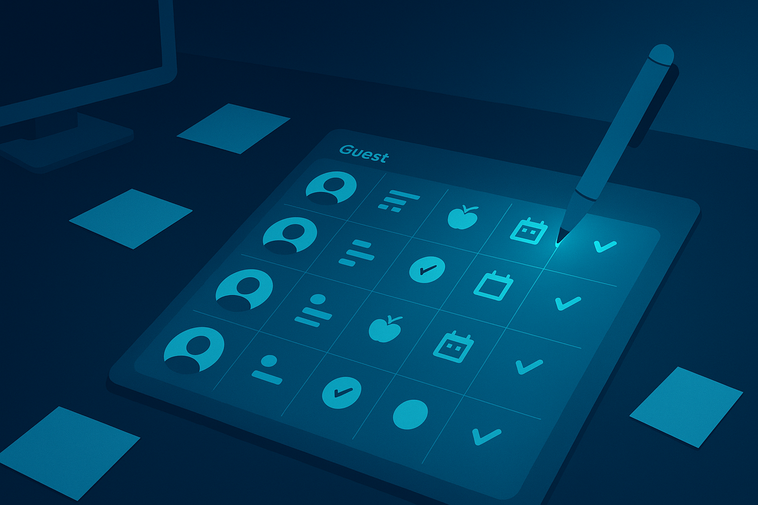 Modern digital workspace with guest profiles, icons, notecards, and glowing cyan pen.