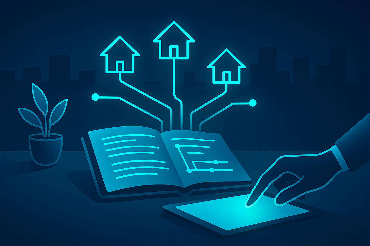 Modern digital workspace with hand interacting with touchscreen, connected to home icons and city silhouettes.