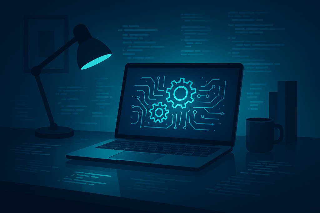 Modern digital workspace with holographic data, code fragments, and glowing circuit blueprint.