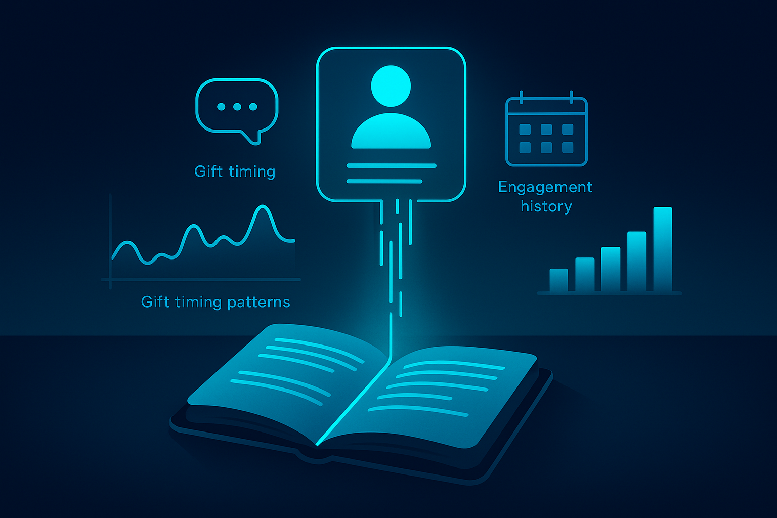 Modern digital workspace with holographic donor profile, data streams, and layered analytics.