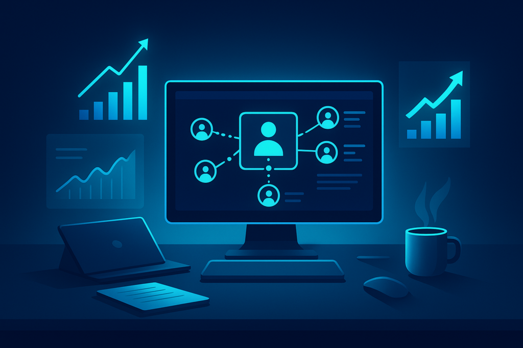 Modern digital workspace with interconnected candidate profiles, holographic charts, and growth graphs.