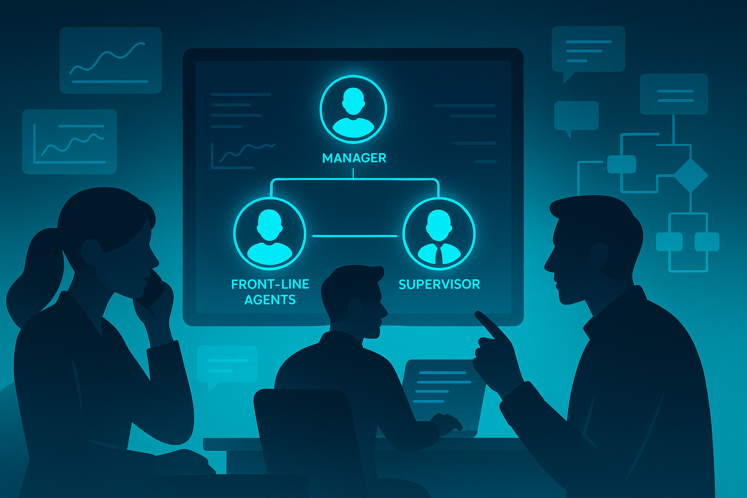 Modern digital workspace with interconnected role icons, professionals collaborating, and floating charts.