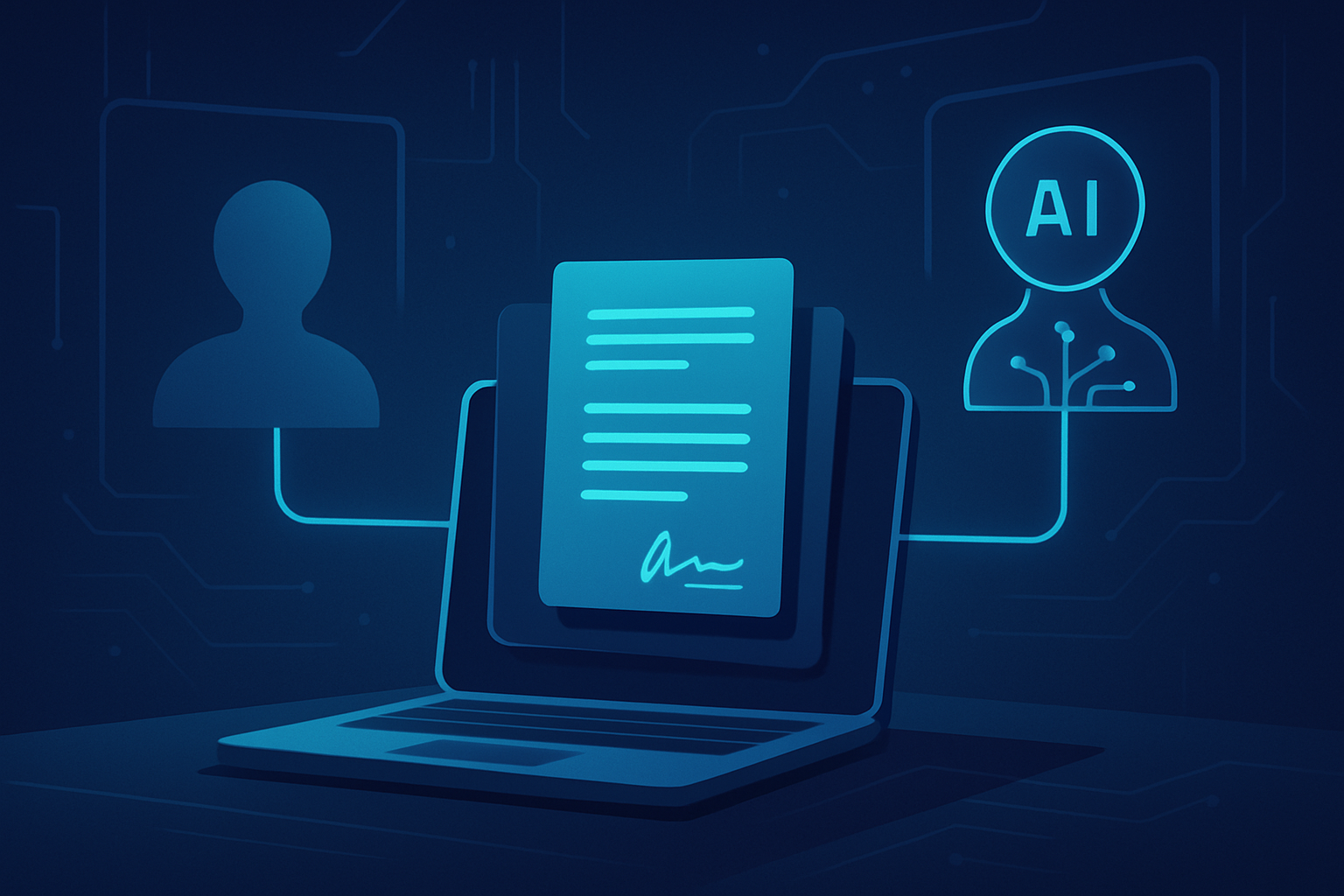 Modern digital workspace with ledger, holographic human and AI, connected by glowing lines.