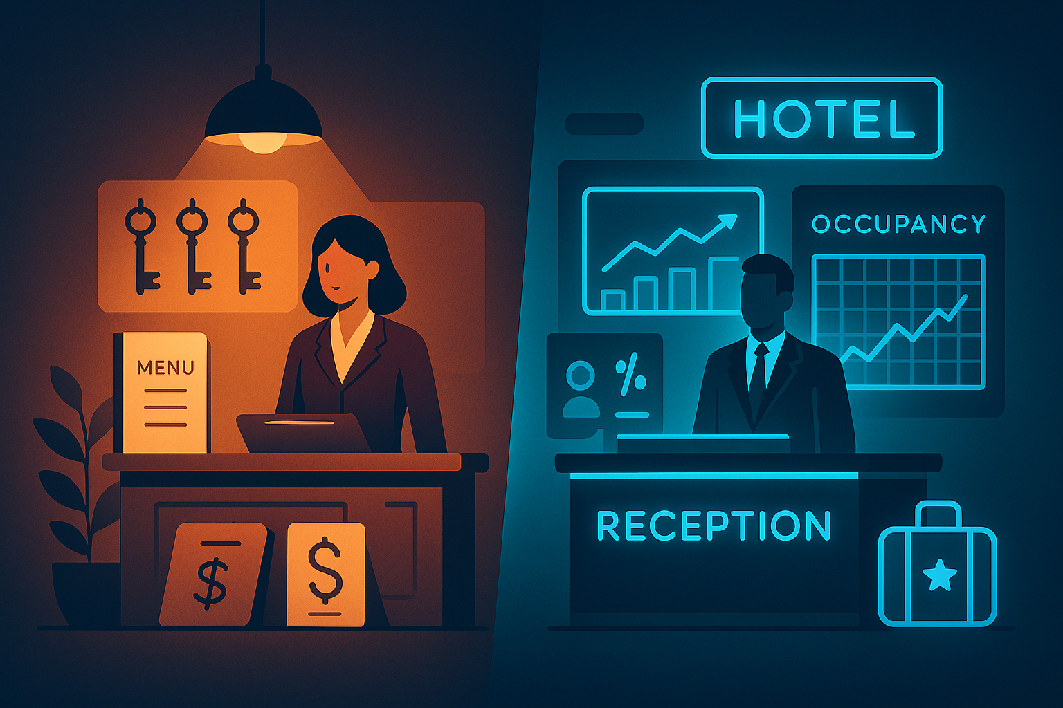 Modern flat-illustration comparing boutique hotel lobby with personalized touches and chain hotel reception with digital displays.
