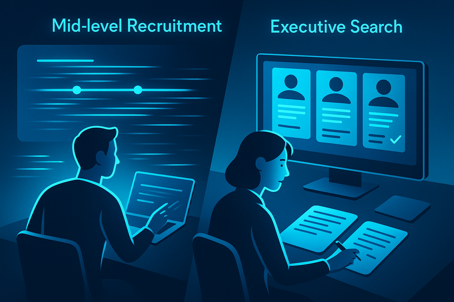 Modern flat illustration of a tech workspace with digital dashboards and candidate profiles.