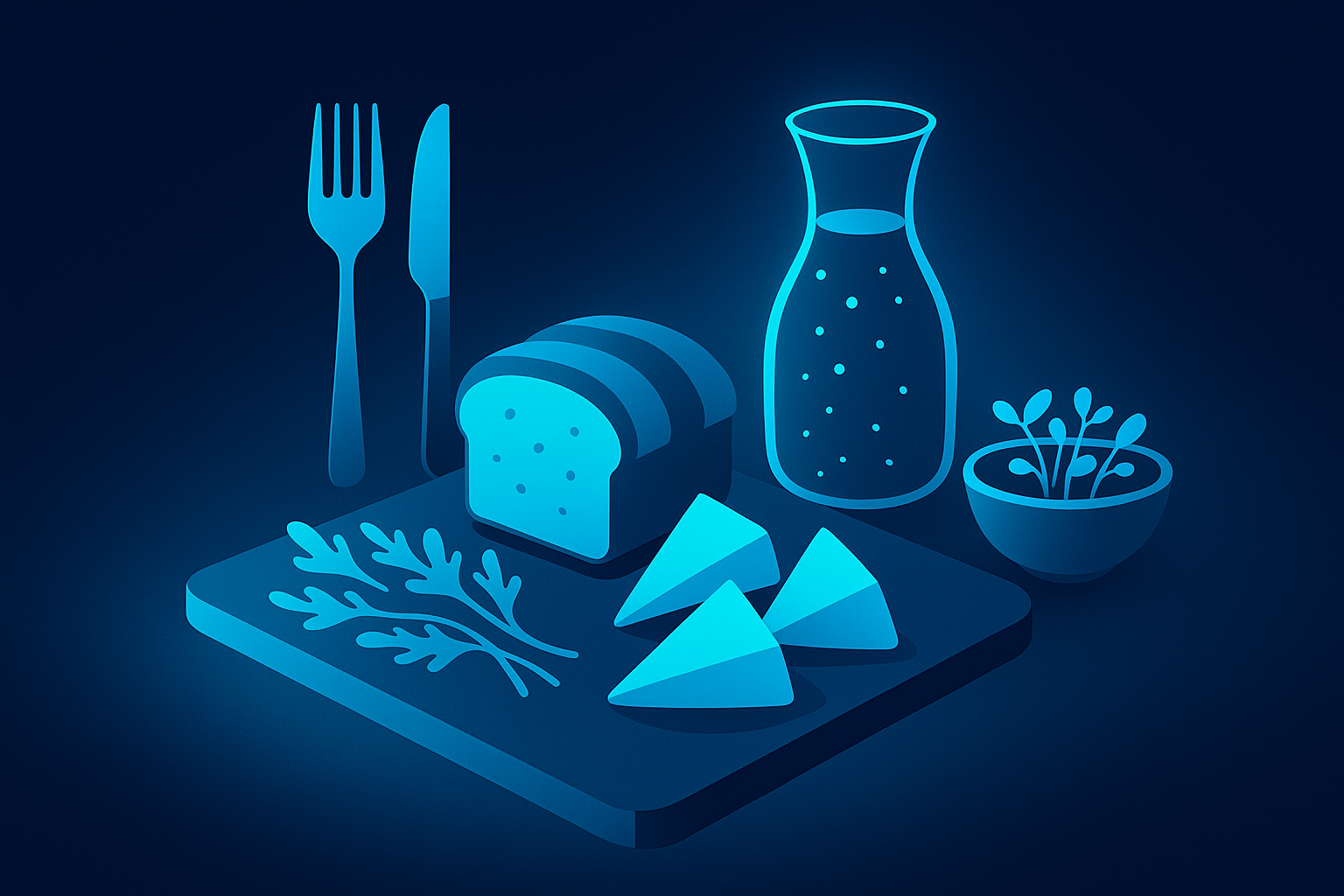 Modern flat illustration of culinary items with neon glow on dark blue background.
