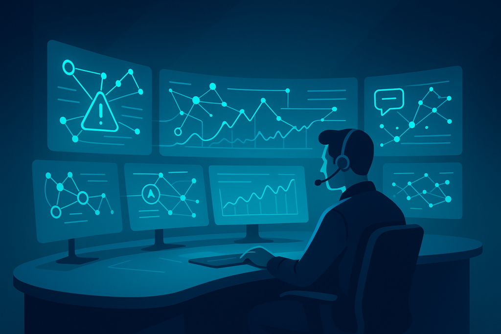 Modern help desk with holographic data interfaces and a professional analyzing graphs in neon blue.