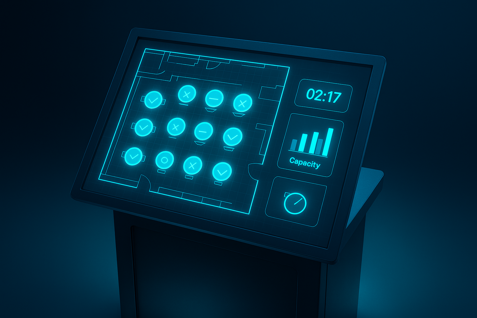 Modern host stand with digital blueprints, holographic timer, and capacity graphs on dark gradient background.