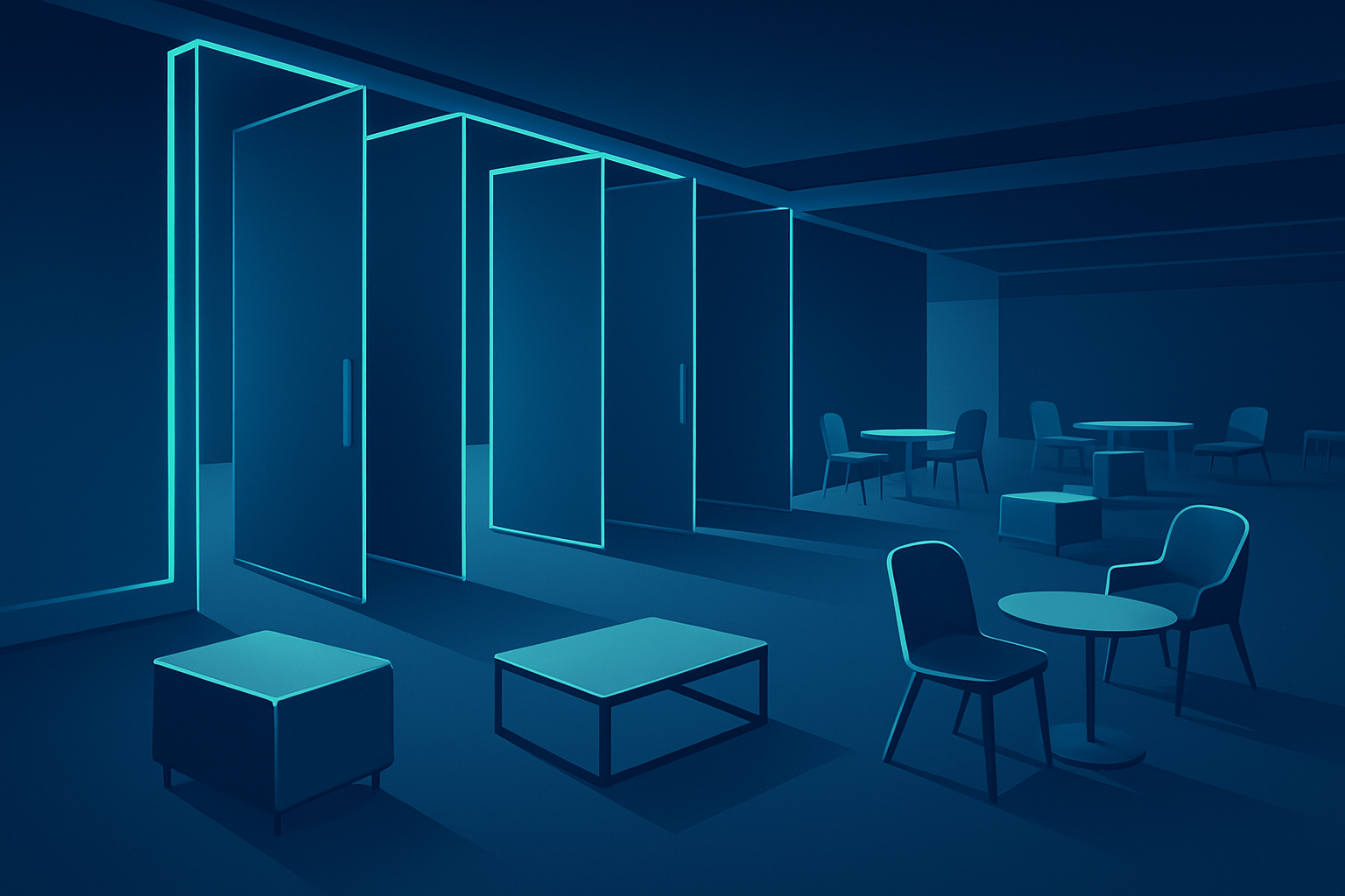 Modern hotel event space with moving modular panels, geometric furniture, and neon lighting.