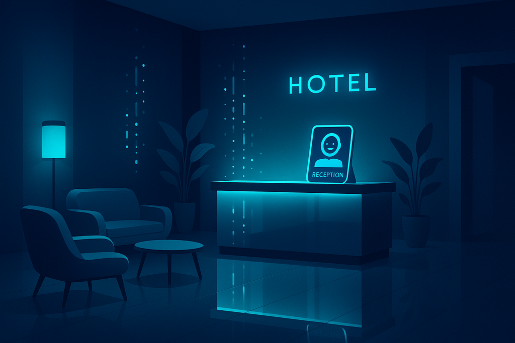 Modern hotel lobby at night with neon lighting, digital reception, and sleek seating.