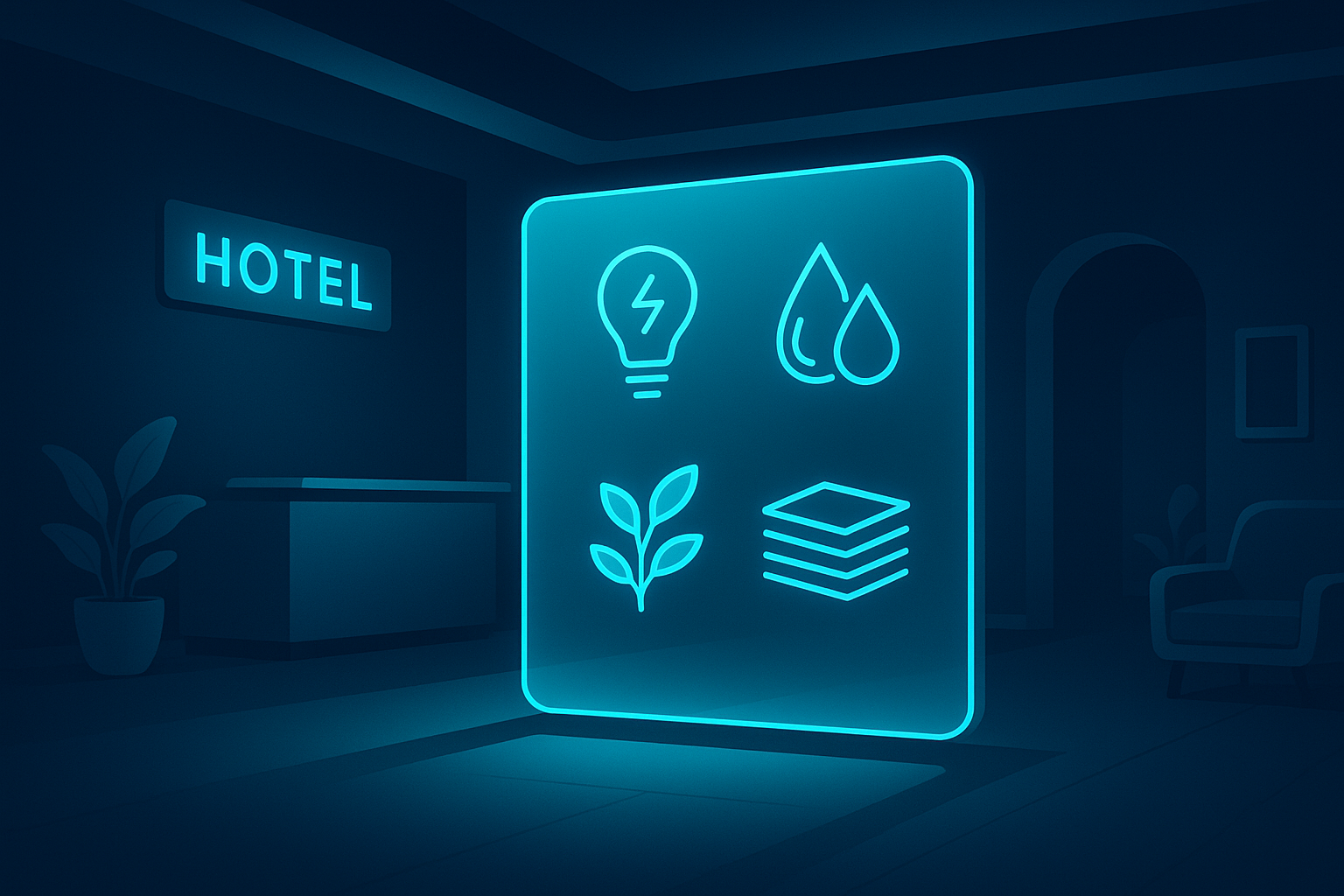 Modern hotel lobby corner with digital icons for sustainability on glass panel, neon glow.