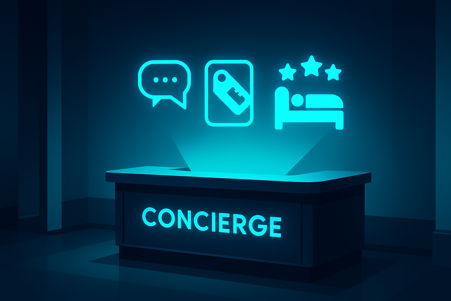 Modern hotel lobby corner with holographic icons at concierge desk, illuminated by cyan neon glow.