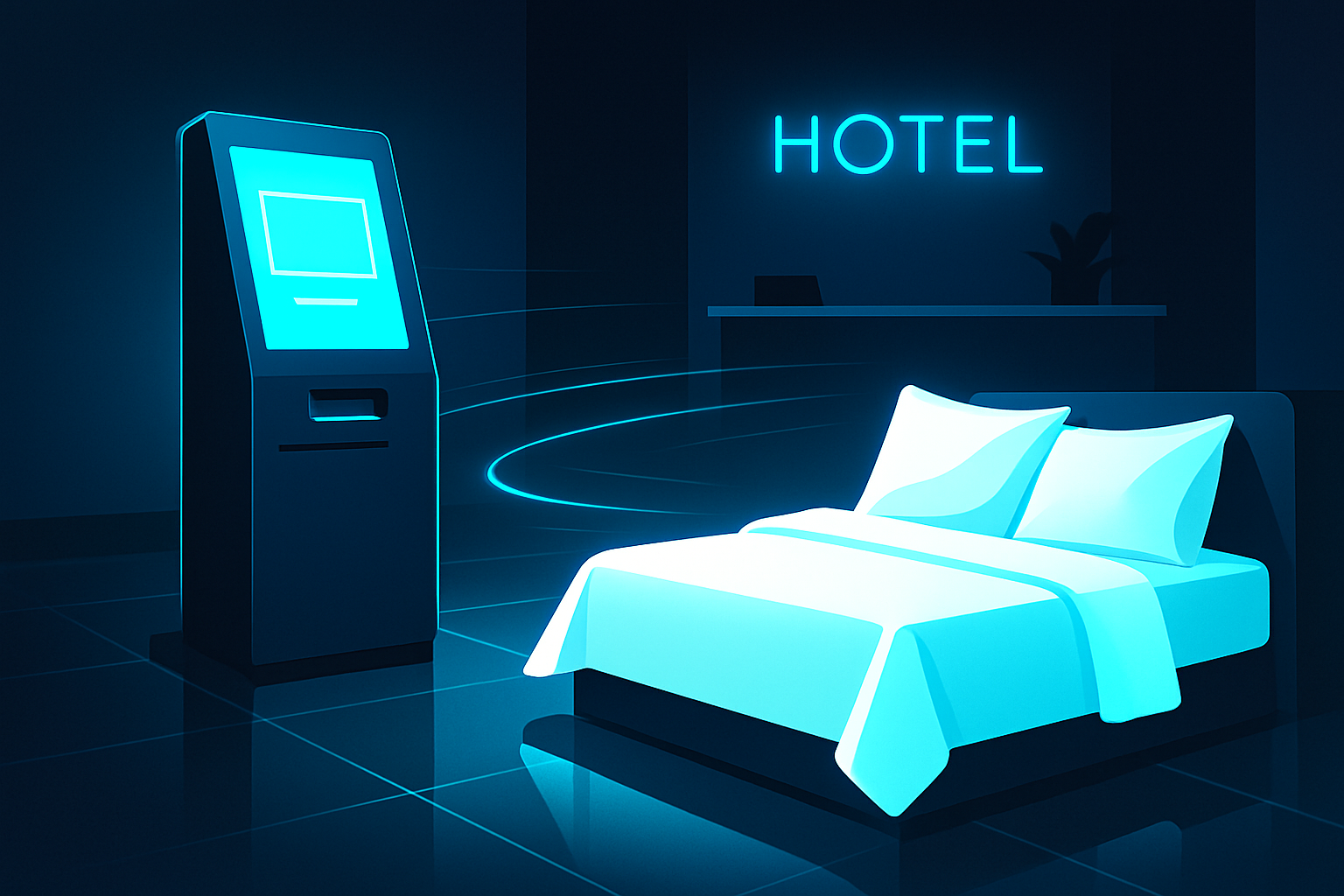 Modern hotel lobby with digital check-in kiosk, illuminated linens, and neon reflections.