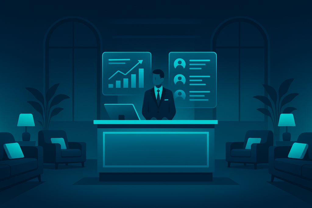 Modern hotel lobby with digital screens, neon lighting, and plush seating in dark blue and cyan.