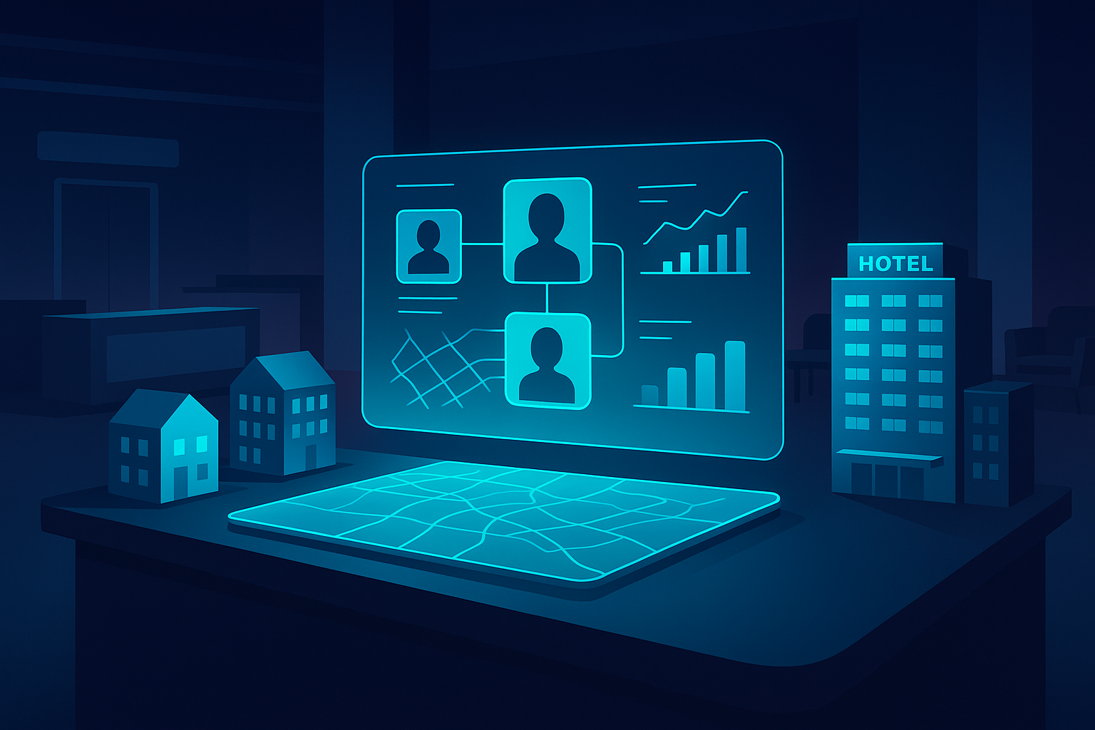 Modern hotel lobby workspace with holographic guest data and digital maps in neon-lit setting.