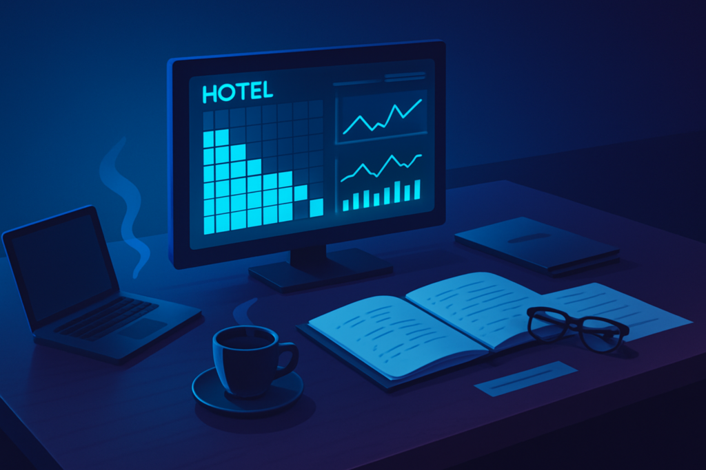 Modern hotel manager’s workspace with digital dashboard, laptop, coffee, planner, and glasses.