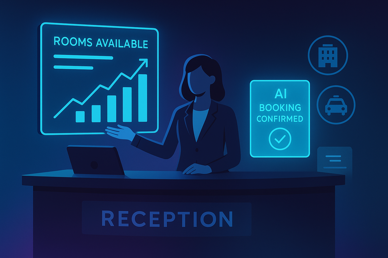 Modern hotel reception with a receptionist, digital displays, holographic booking panels, and tech icons.