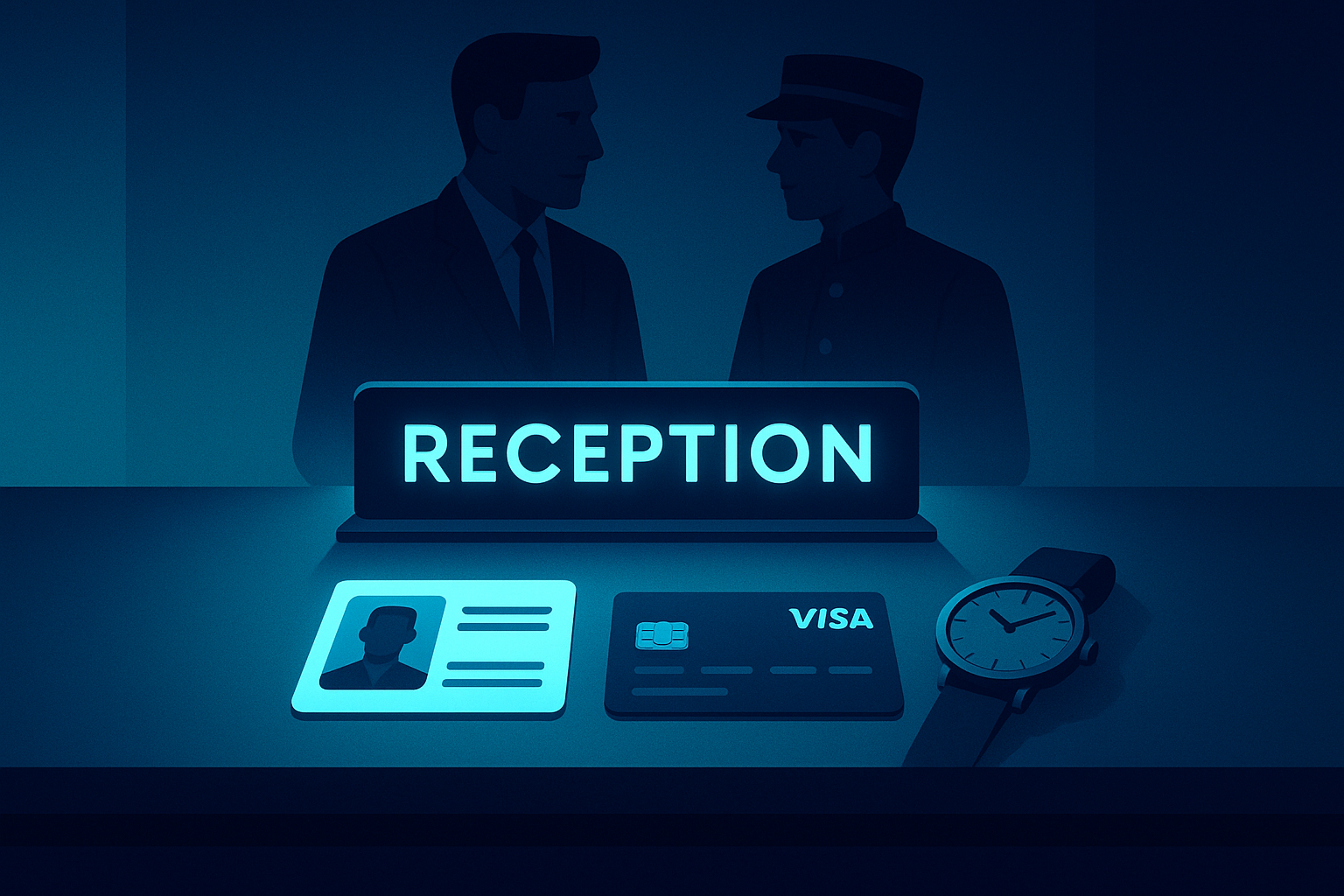 Modern hotel reception with ID, credit card, wristwatch, and staff exchanging a glance.