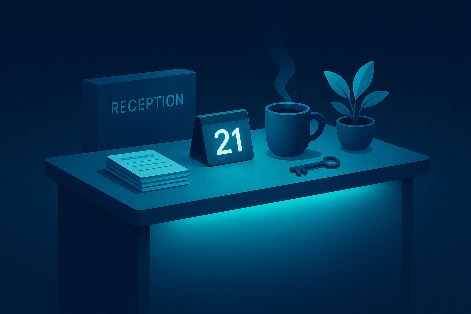 Modern reception desk with reservation cards, digital calendar, tea, key, and plant on dark gradient background.