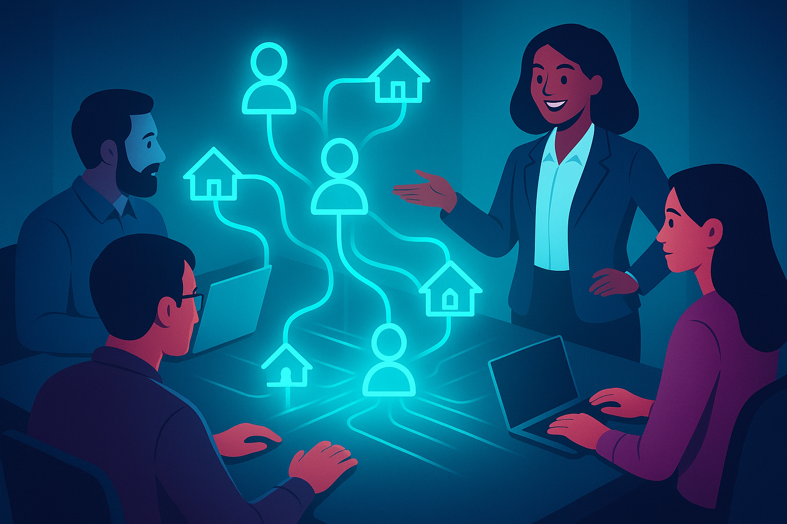 Modern team collaborates around holographic data streams in a neon-lit, tech-inspired workspace.