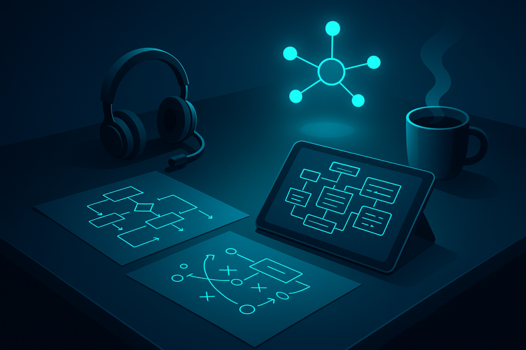 Modern tech workspace with blueprints, digital tablet, headset, coffee, and holographic nodes.