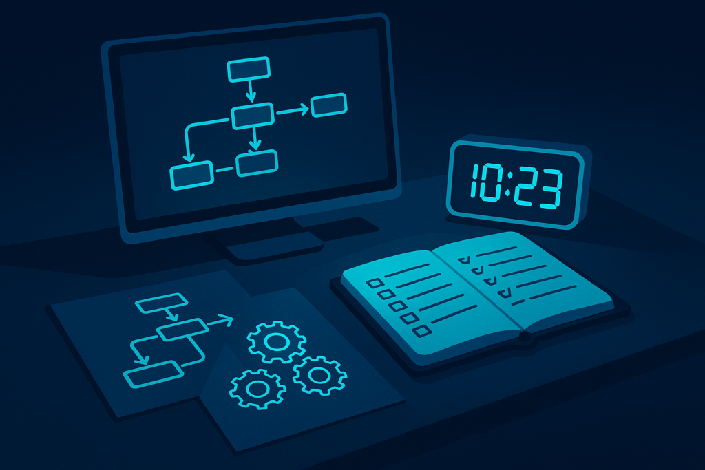 Modern tech workspace with blueprints, glowing gears, digital clock, and operational checklists.
