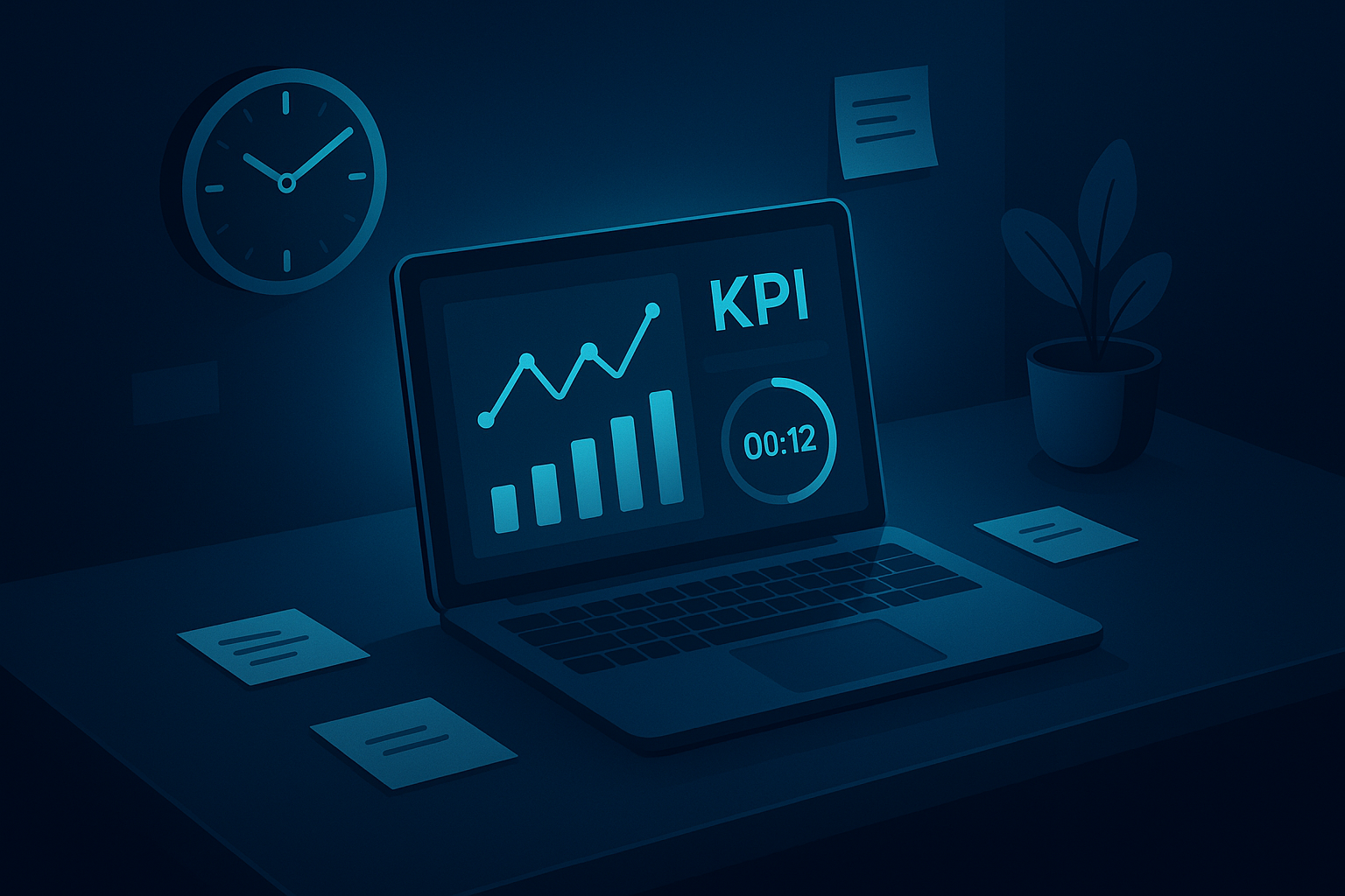 Modern tech workspace with digital dashboard, KPI graphs, notes, and an analog clock.