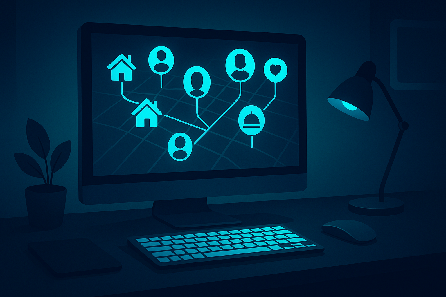 Modern tech workspace with digital map, property, candidate, donation, and hospitality icons in neon glow.