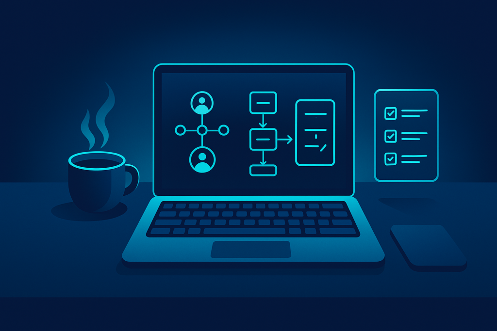 Modern tech workspace with digital notebook, flowcharts, keyboard, and coffee in neon glow.