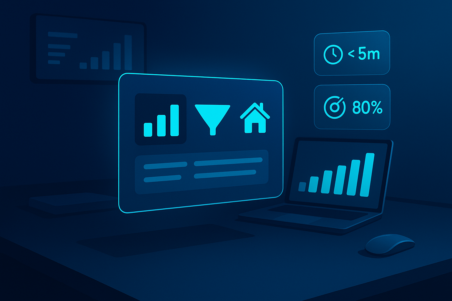 Modern tech workspace with floating digital dashboard, holographic KPIs, neon glow, and dark blue background.