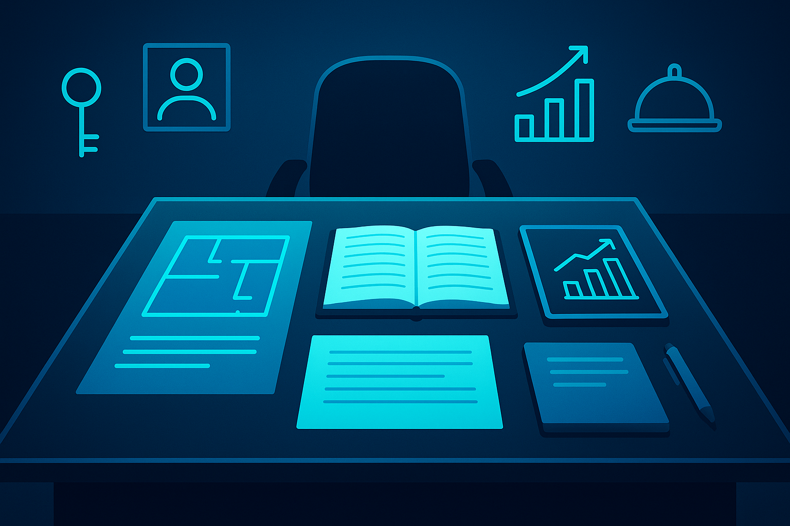 Modern tech workspace with glass desk, blueprints, digital charts, and icons in neon blue tones.