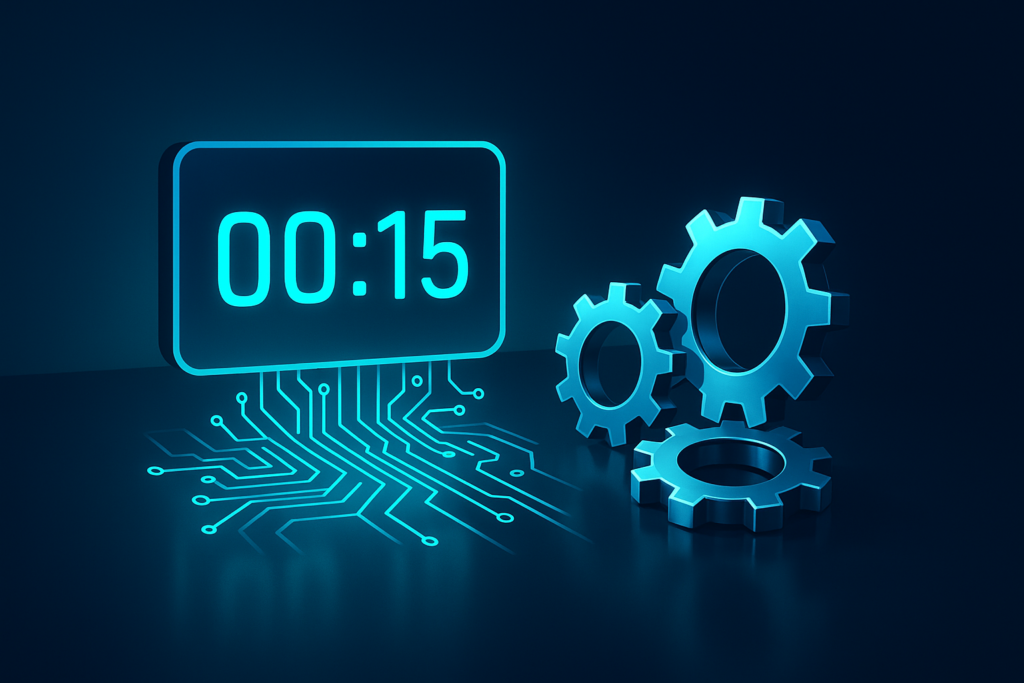 Modern tech workspace with glowing circuit board, digital clock, and interlocking metallic gears.