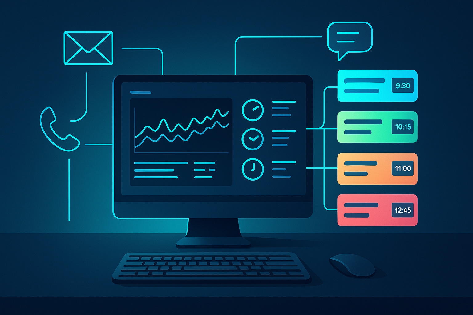 Modern tech workspace with glowing data dashboard, floating tickets, and communication icons.