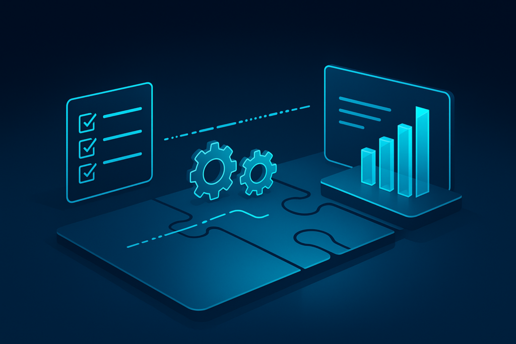 Modern tech workspace with glowing data streams, gears, bar graphs, and digital checklists.