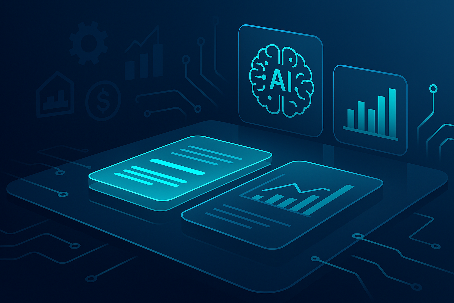 Modern tech workspace with holographic AI charts, data sheets, and glowing circuit lines.