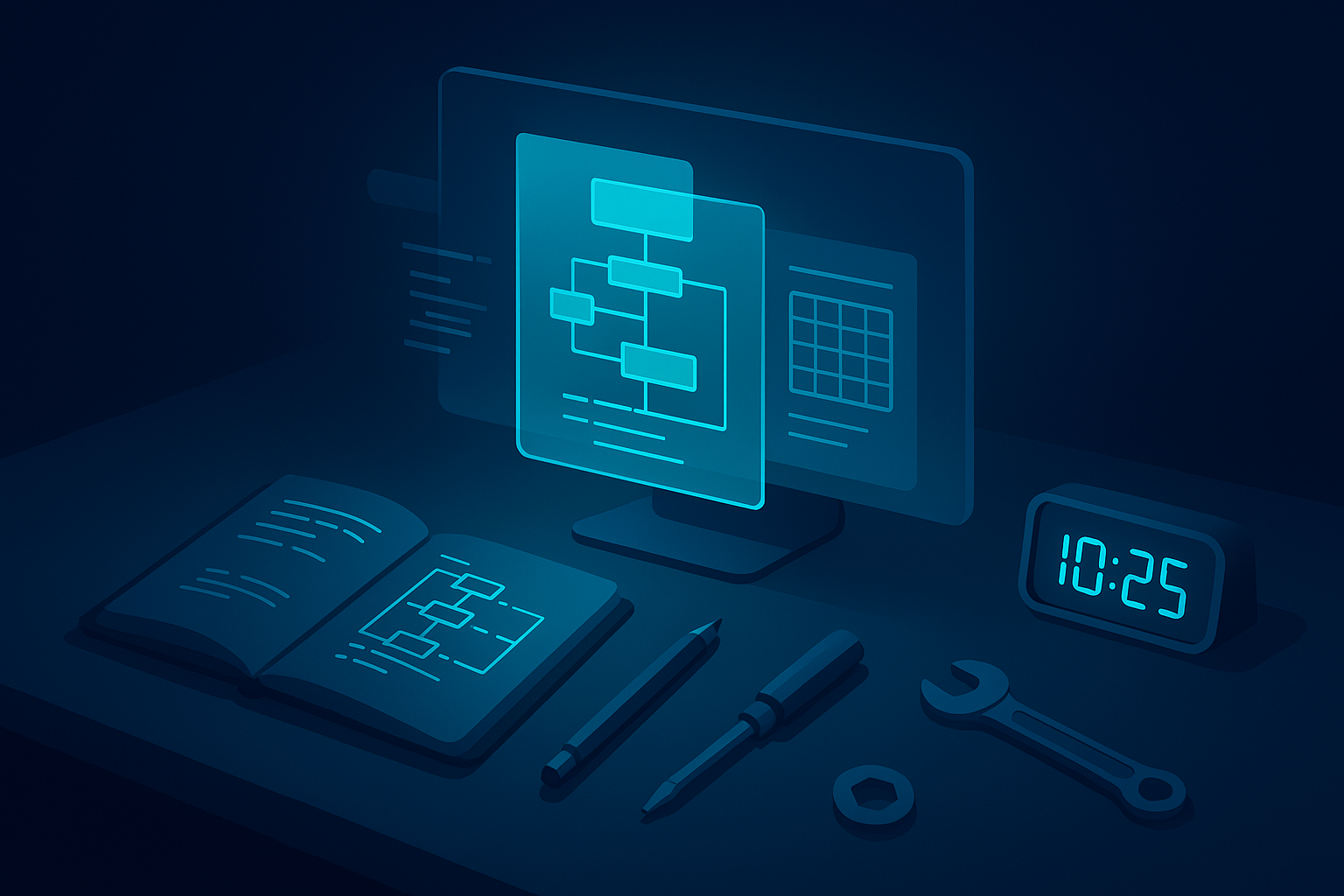 Modern tech workspace with holographic data interface, notes, pencil, and digital clock in neon glow.