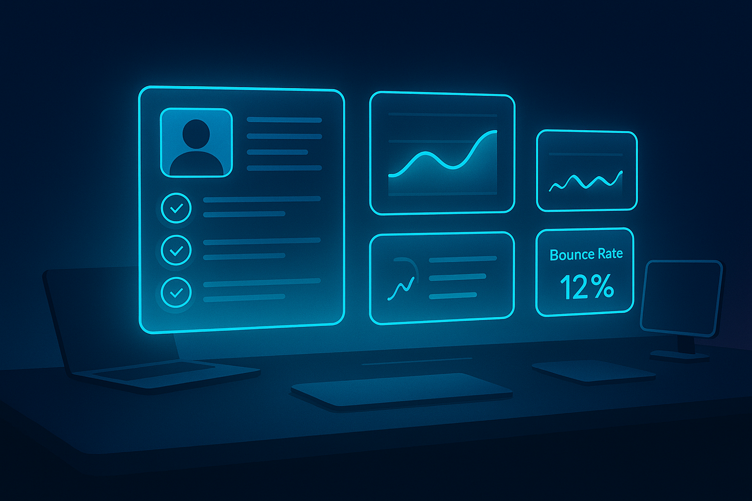 Modern tech workspace with holographic data points, contact cards, and performance metrics in neon blue and cyan.