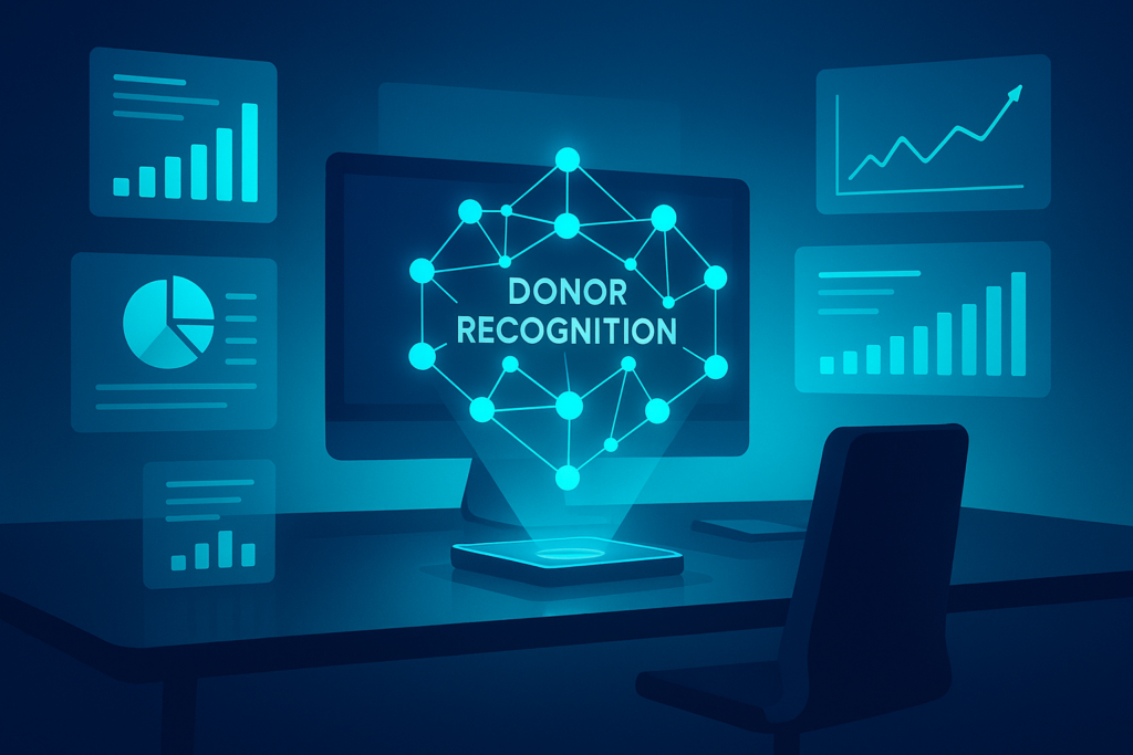 Modern tech workspace with holographic donor recognition, digital charts, and neon glow.