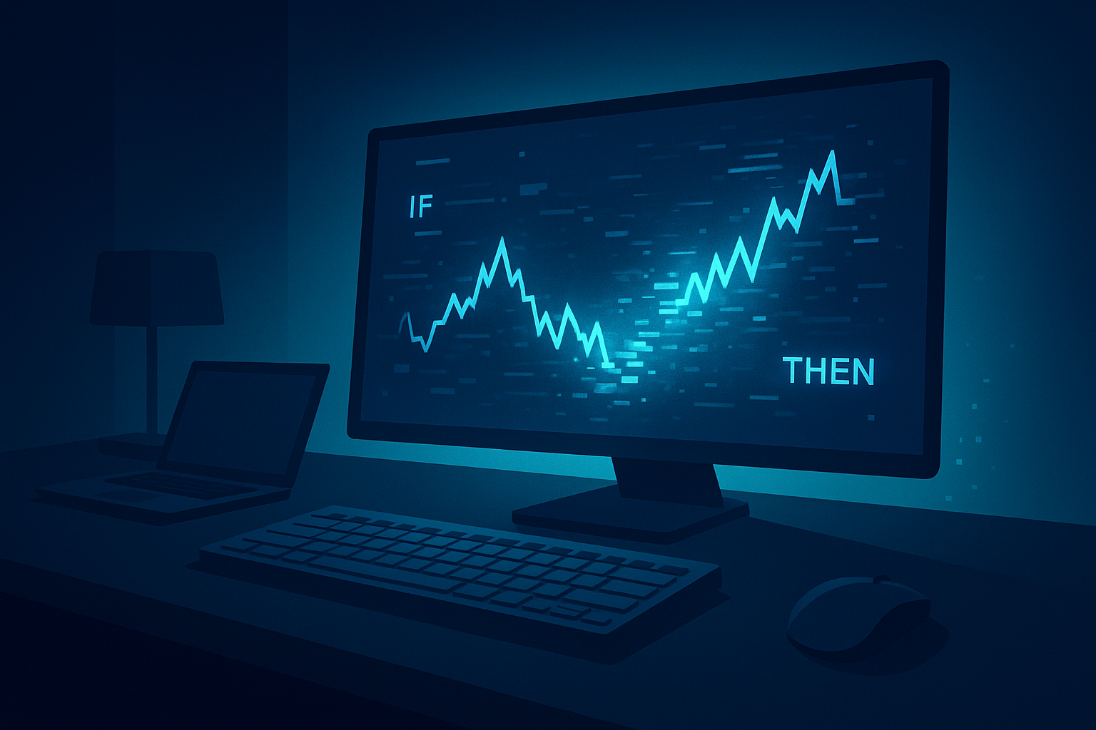 Modern tech workspace with holographic interface, digital blueprints, and glowing code snippets.