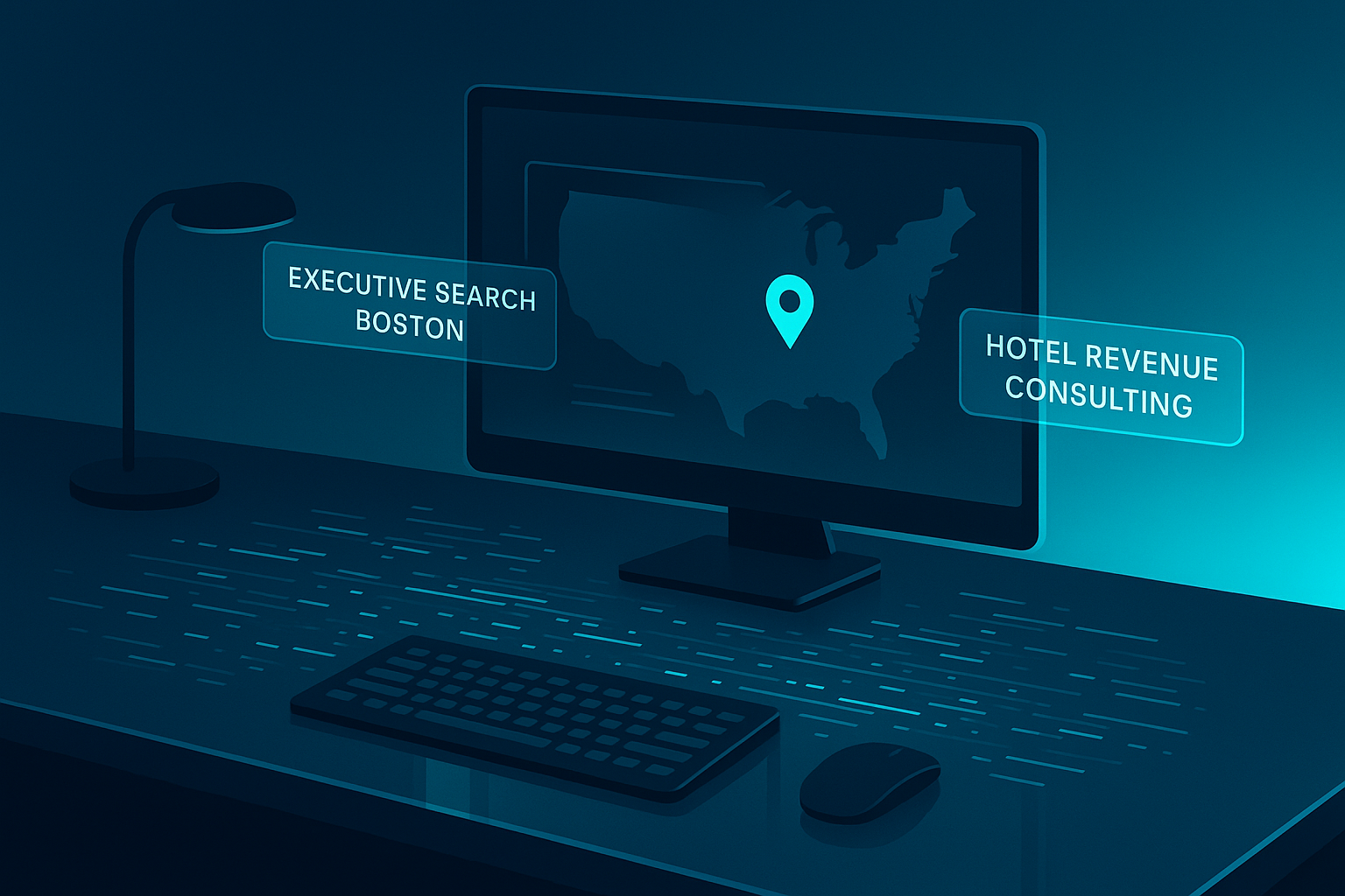 Modern tech workspace with holographic map, glowing data streams, and floating keyword tags.